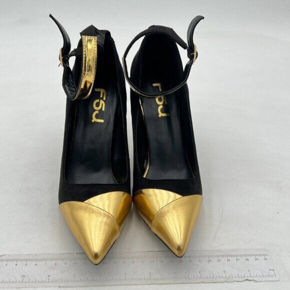 FSJ Women Metal Cap Pointed Toe High Heel Pumps Sexy Gold Stiletto  Black - Picture 2 of 6